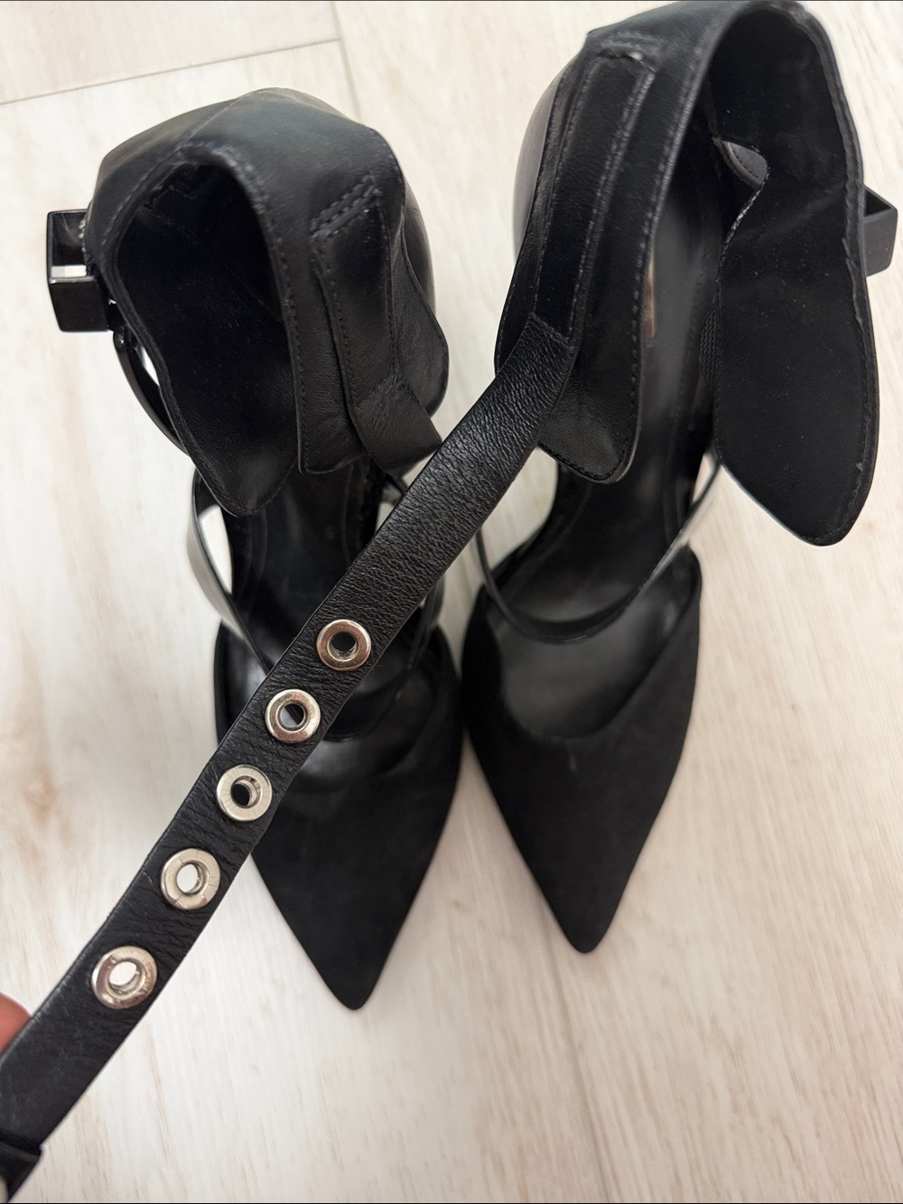 Black Pointed Toe Ankle Strap Heels - Picture 2 of 6
